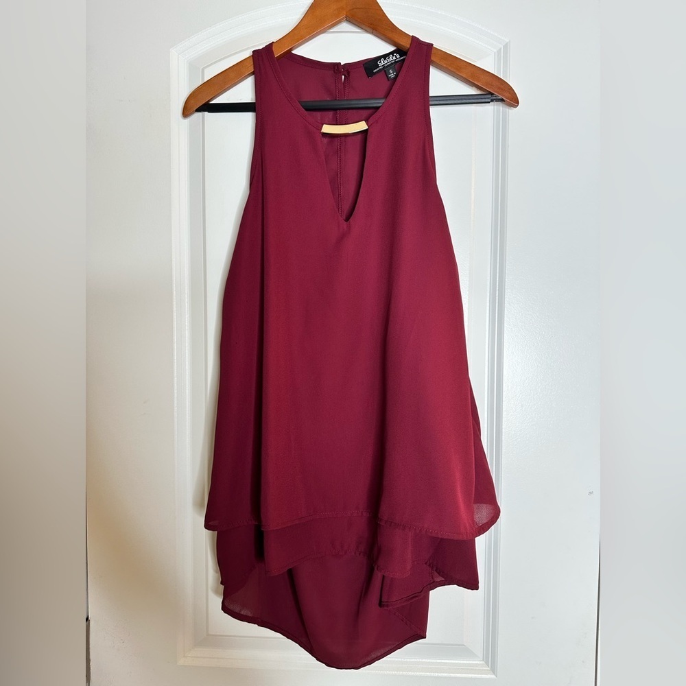 LuLus Burgundy Sleeveless High-Low Blouse w/ Gold Bar Detail | Size S - Picture 2 of 10
